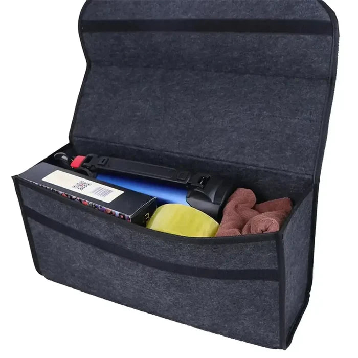Large Habicare HBC car storage box with non-slip design, portable organizer for vehicle trunk or cabin, available in two sizes.