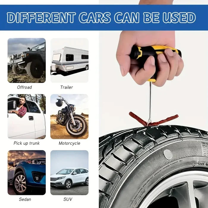HBC Habicare car tyre repair kit with durable strips and super glue for quick puncture repairs, shown with repair tools and strips.