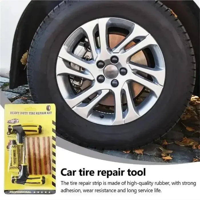 HBC Habicare car tyre repair kit with durable strips and super glue, shown with tools and repair materials for roadside tyre fixes.