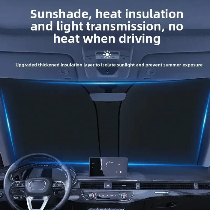 Folding HBC Car Window Sunshade Cover by Habicare, protects interior from sun glare and heat, fits car windows.
