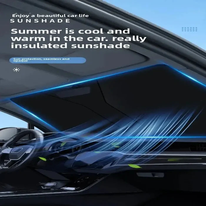 Folding Habicare HBC car window sunshade cover blocking sunlight and reducing heat inside vehicle.