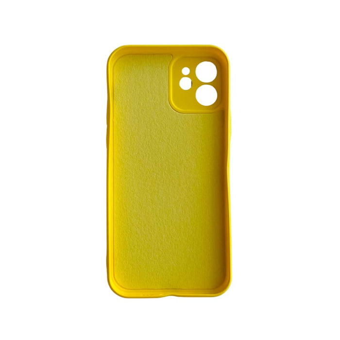 Yellow 9eight5 iPhone 12/12 Pro case for 6.1-inch models, protective phone case shown on a smartphone.