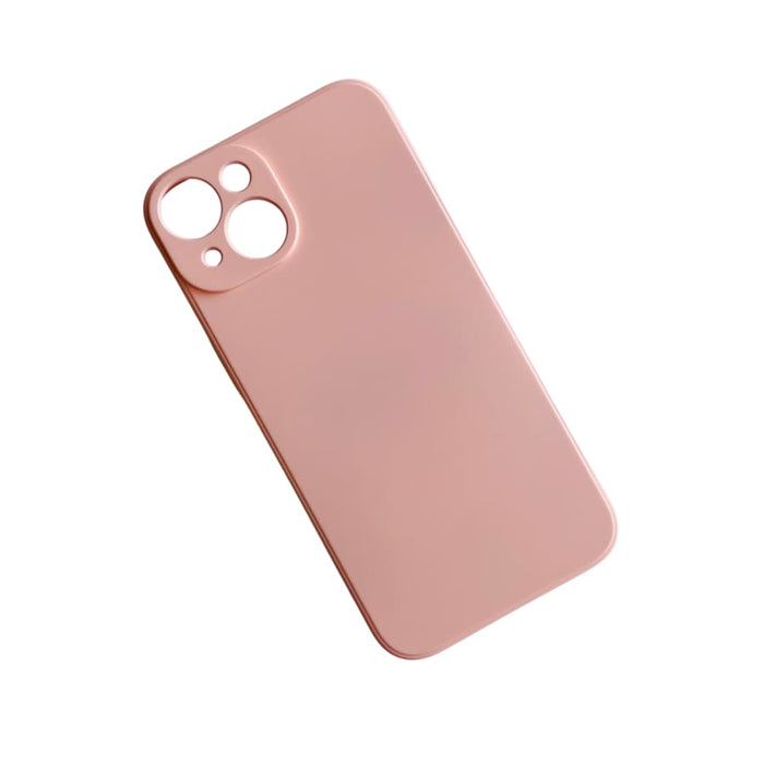Pink 9eight5 iPhone 14 (6.1”) phone case showing a soft silicone exterior and precise cutouts for buttons and camera.