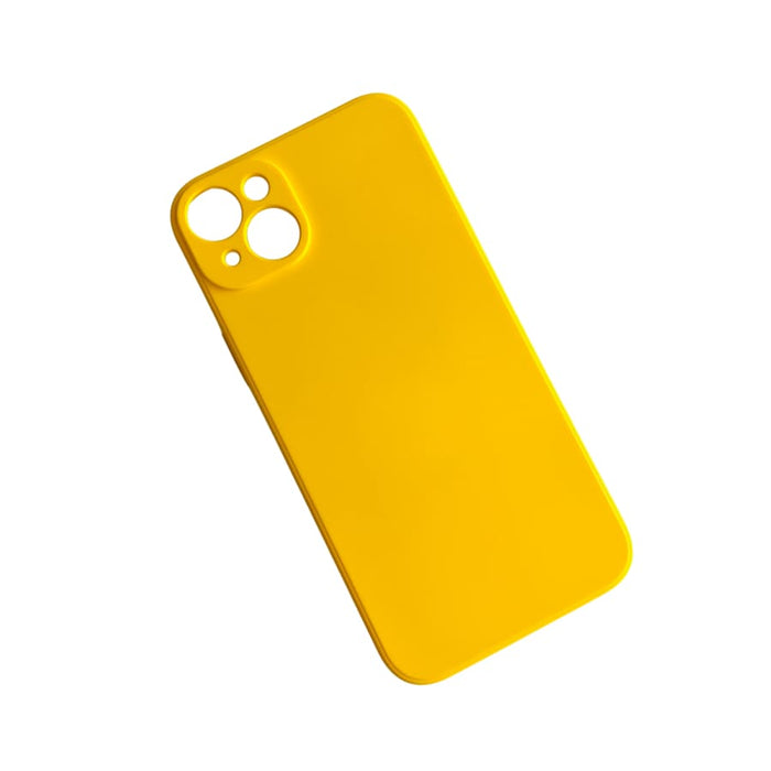 Yellow 9eight5 iPhone 14 Plus case with slim protective design, showcasing the vibrant exterior and precise cutouts.