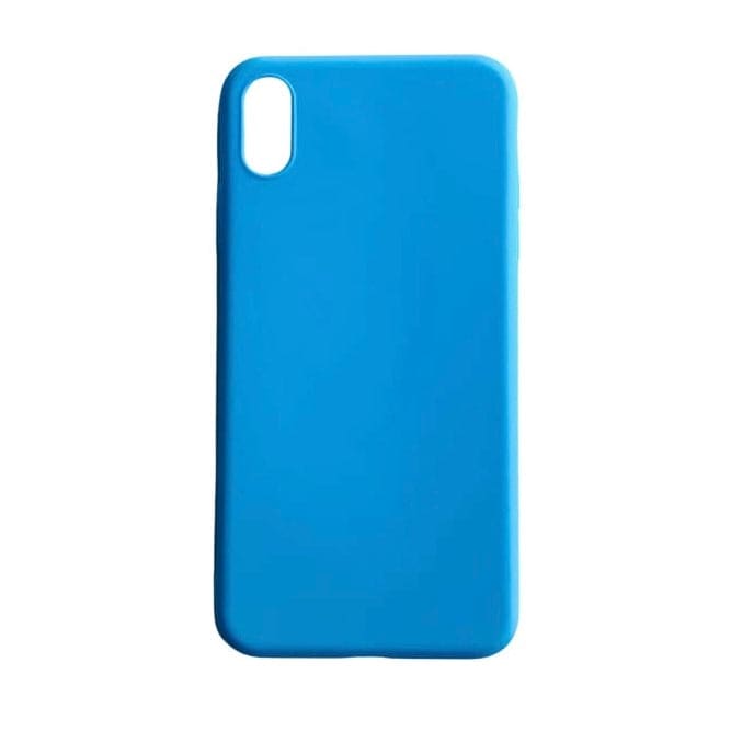 Sky blue 9eight5 iPhone XS Max case showing a slim protective cover with textured edges and precise cutouts for buttons and camera.