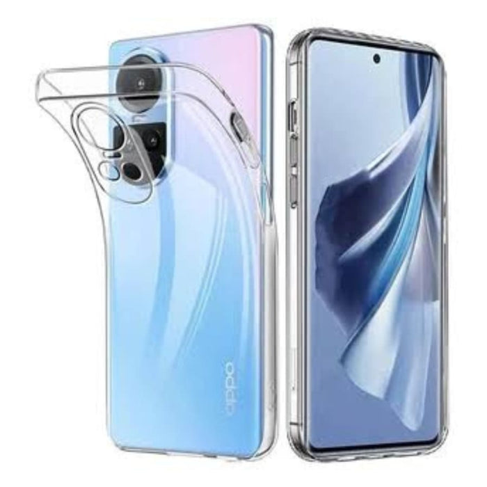 Clear 9eight5 phone case for Oppo Reno10 5G and Reno10 Pro 5G, protective cover with precise cutouts for buttons and camera.