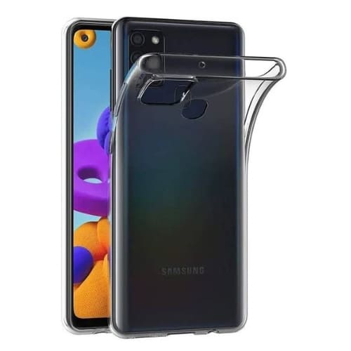 Clear 9eight5 phone case for Samsung Galaxy A21s, slim protective cover with precise cutouts and transparent design.