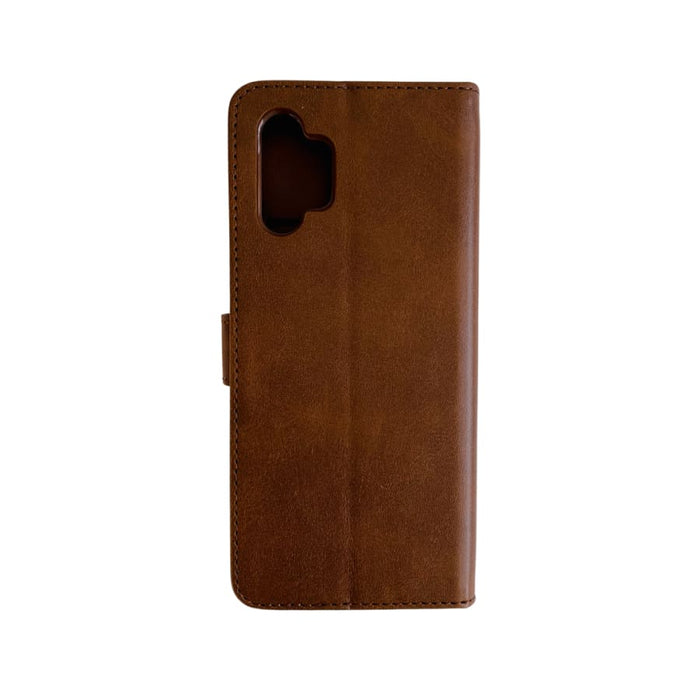 Brown 9eight5 phone case for Samsung Galaxy A32 5G, showing the textured exterior and precise cutouts for buttons and camera.