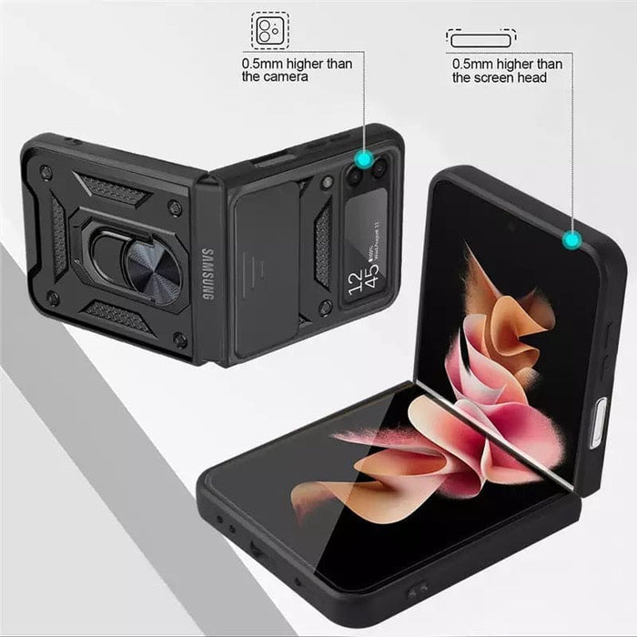 9eight5 Samsung Galaxy Z Flip 4 phone case in two colors, slim protective cover with textured finish, shown on the device.