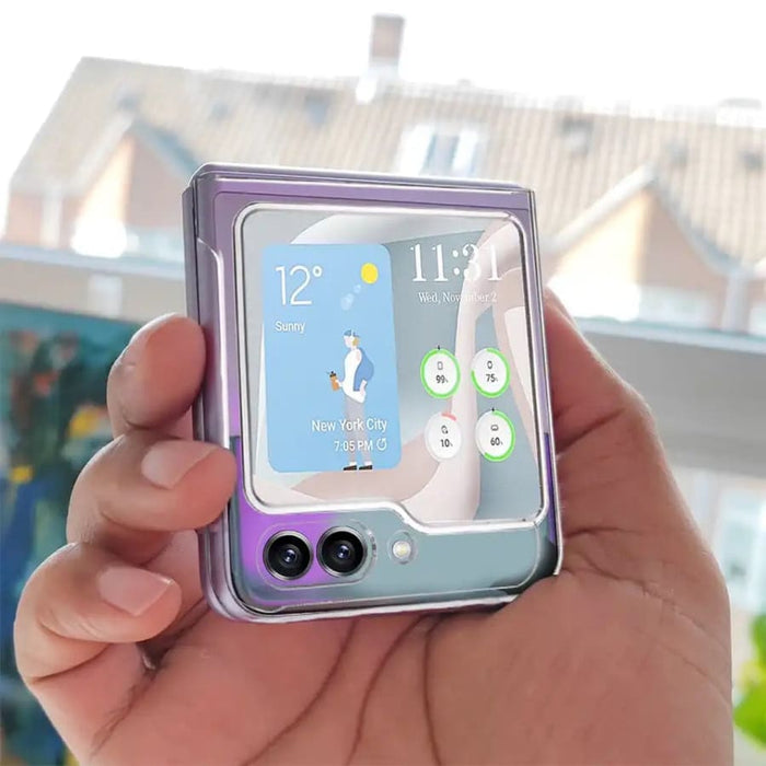 Clear phone case for Samsung Galaxy Z Flip 5 by 9eight5, showing the transparent design and precise cutouts for easy access.