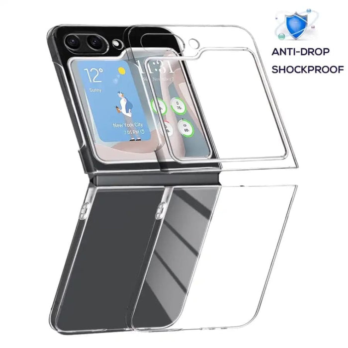 Clear Samsung Galaxy Z Flip 5 phone case by 9eight5 showing transparent material and precise cutouts for buttons and camera.