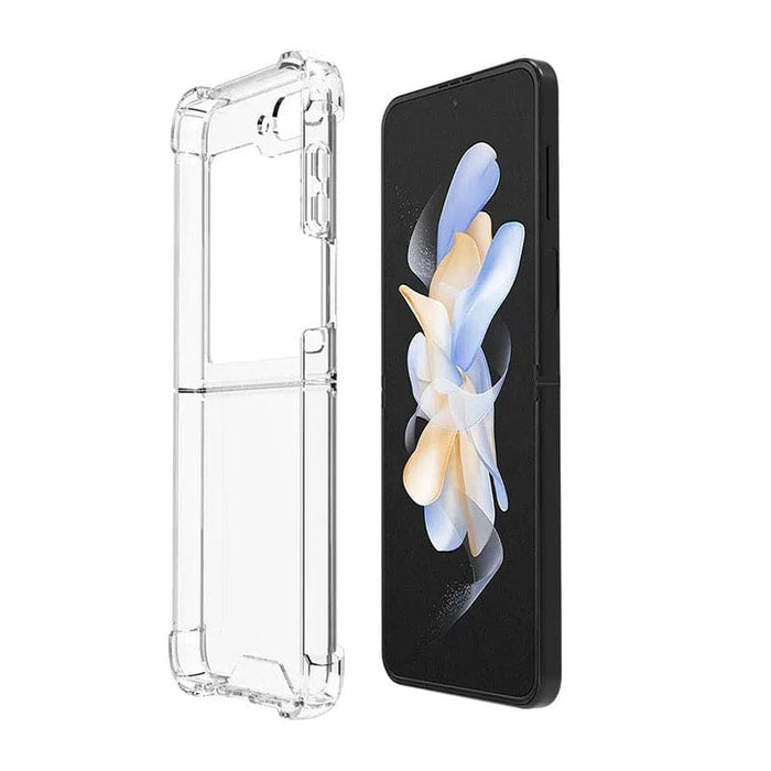 Clear 9eight5 phone case for Samsung Galaxy Z Flip 5, slim protective cover with precise cutouts for buttons and camera.