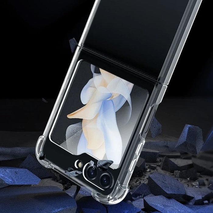Clear 9eight5 phone case for Samsung Galaxy Z Flip 5, showcasing a slim protective cover with precise cutouts.