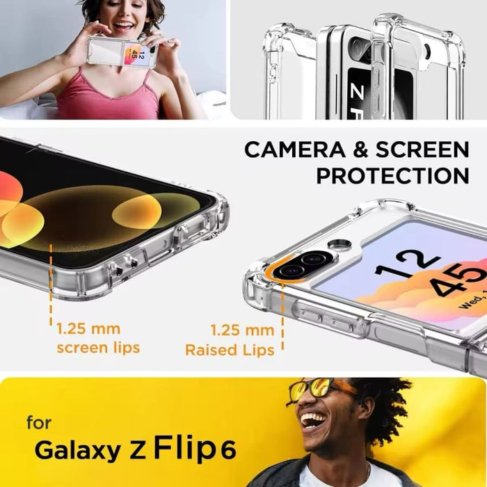 Clear 9eight5 phone case for Samsung Galaxy Z Flip 6, slim protective cover with transparent design and precise cutouts.