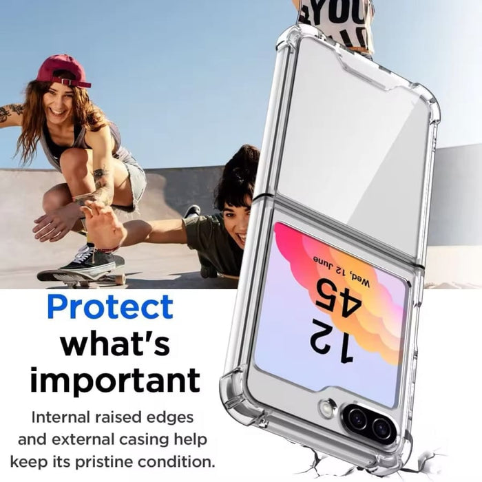 Clear phone case for Samsung Galaxy Z Flip 6 by 9eight5, showing slim, transparent protection with precise cutouts.
