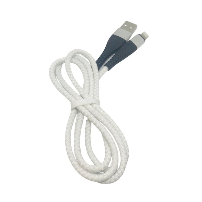 Black and white 1-meter iPhone and iPad charger cable by 9eight5, compatible with Apple devices, shown connected to a device.