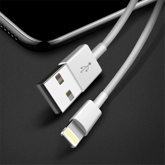 White 1m iPhone and iPad charger cable by 9eight5, shown connected to devices, designed for fast charging and data transfer.