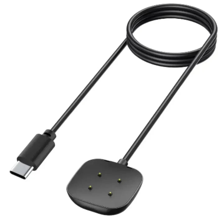 Habicare TWS USB-C charger dock for Fitbit Versa 3, 4, Sense 1, and 2, showing the compact charging station with USB-C port.