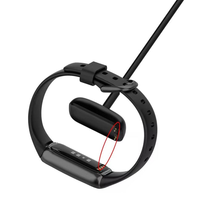 Black Fitbit Charge 5/6/Luxe charger compatible with fitness trackers, designed for secure charging and easy connection.