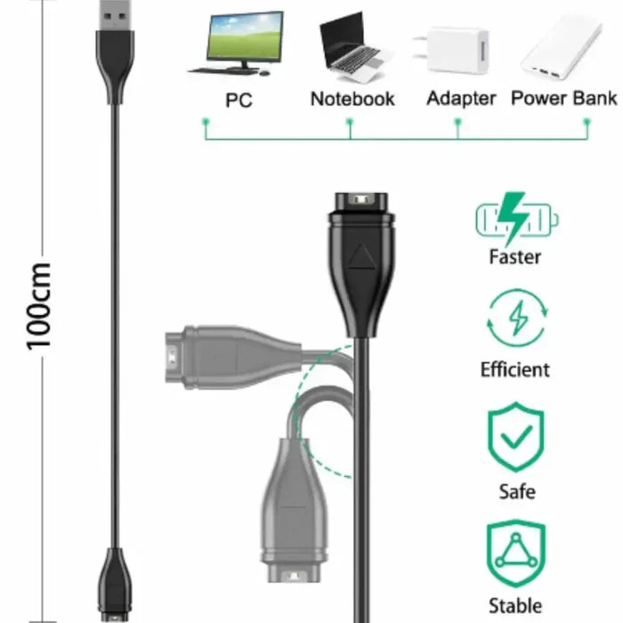 Habicare TWS USB-C charger for Garmin Fenix 5 and 6 Pro watches, 100cm cable for convenient charging.