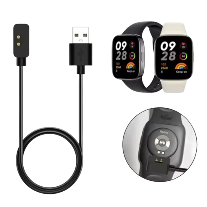 Black Redmi Watch 3 charger with USB-C cable designed for easy charging of Redmi Watch 3 devices.