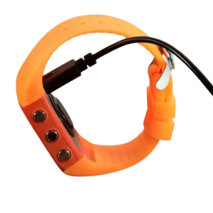 Habicare 1m TWS charging cable for Polar M430 smartwatch, shown connected to the device for charging and data transfer.