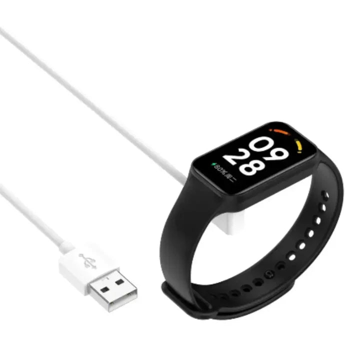 Habicare TWS charging cable compatible with Xiaomi Mi Band 9 and 8 series, shown connected to the fitness tracker.