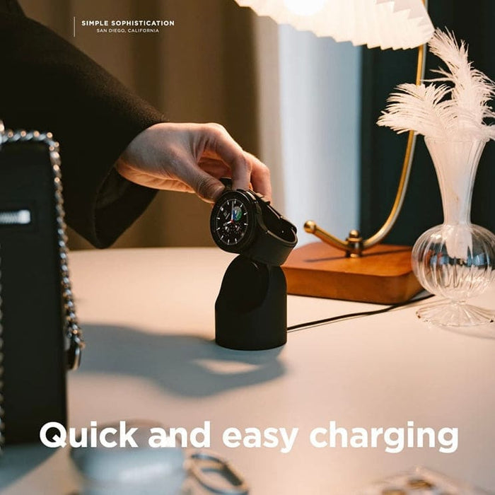 Black Samsung Watch charging stand designed for smartwatches, compatible with Samsung Watch models for easy charging.