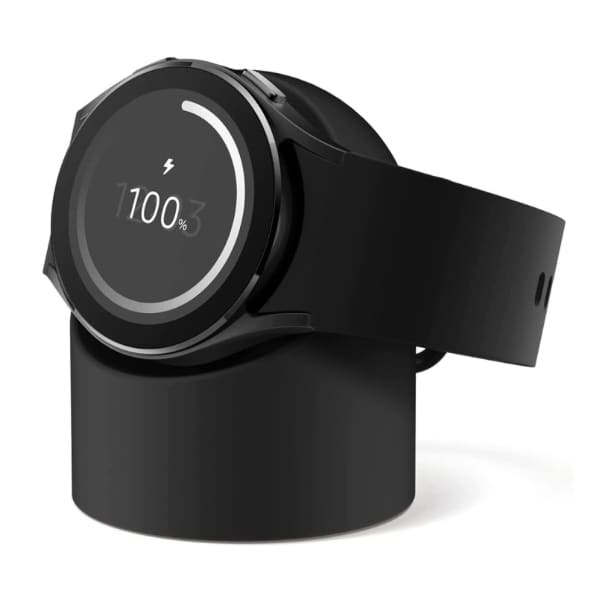Black Samsung watch charging stand for smartwatch dock, designed for easy charging and display of compatible Samsung watches.