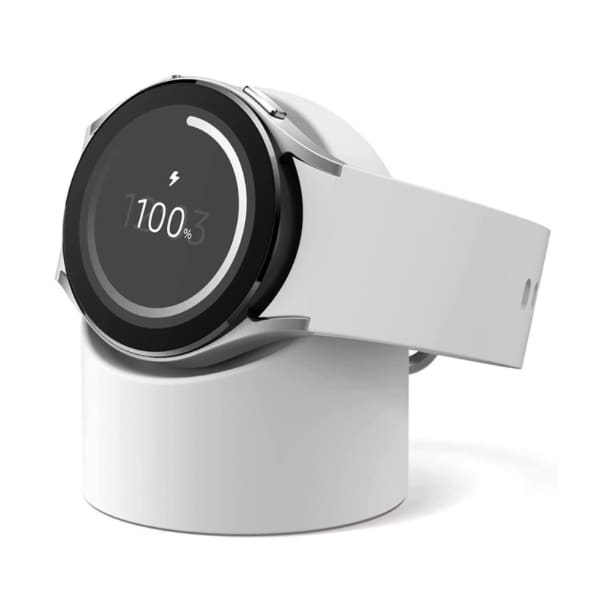 White Samsung Watch charging stand for smartwatches, designed for easy docking and charging of Samsung watches.