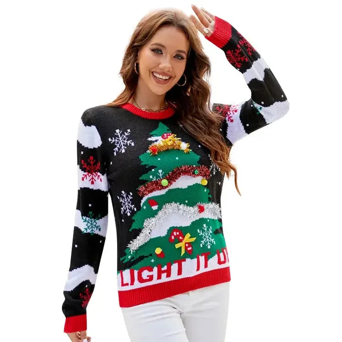 Knitted Christmas jersey by Habicare featuring festive holiday patterns on a short-sleeve sweater.
