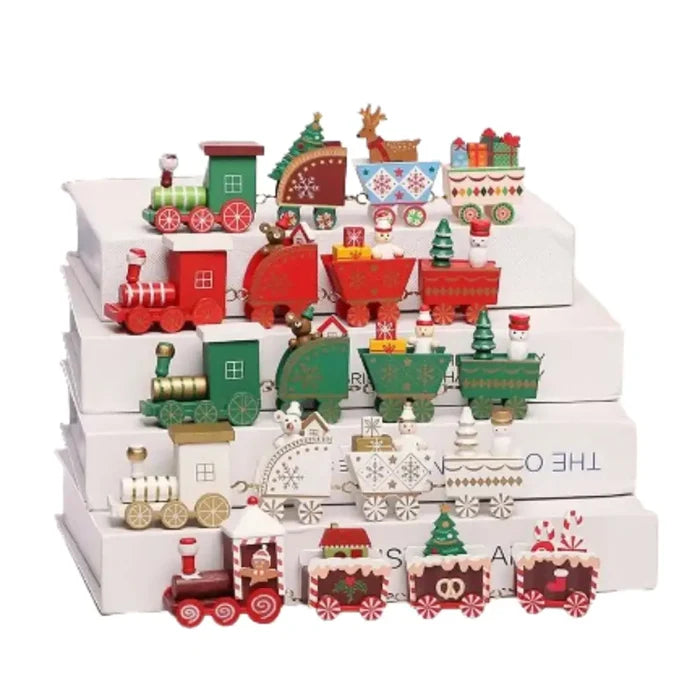 Christmas wooden train SS by Habicare, featuring colorful wooden train cars and festive holiday design on a white background.