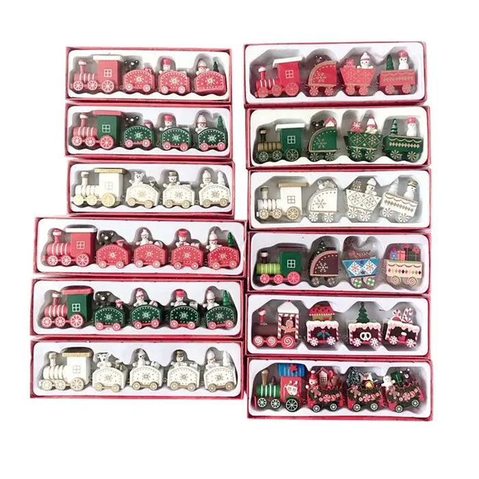 Habicare Christmas wooden train SS set with colorful train cars and holiday-themed design on smooth wooden surface.