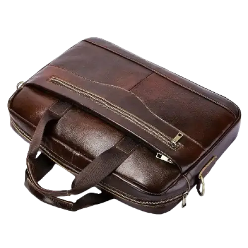 Habicare 9eight5 classic leather office bag with top handles and adjustable shoulder strap, featuring a sleek, professional design.