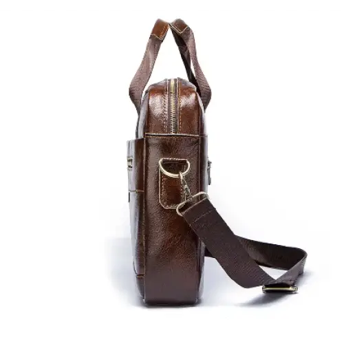 Habicare 9eight5 classic leather office bag with sturdy handles and multiple compartments on a plain background