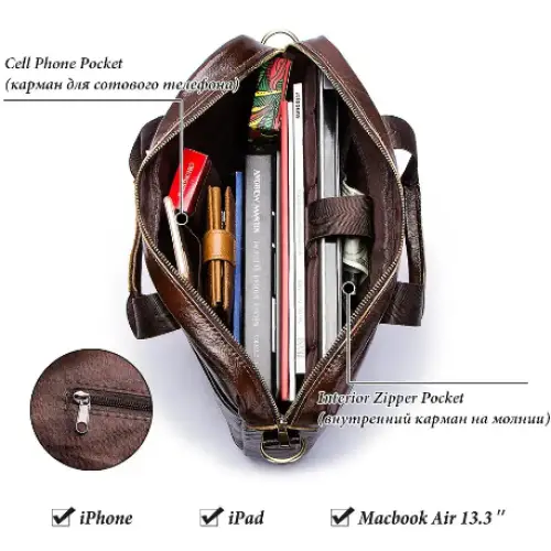 Habicare 9eight5 classic leather office bag showing front view with handles and sleek design for professional use.