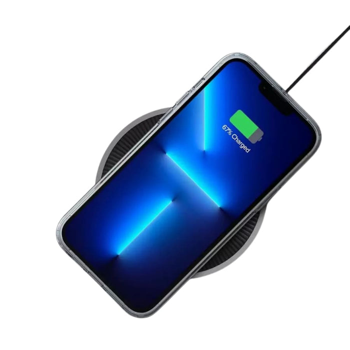 Clear 9eight5 iPhone 14 Pro Max case in transparent design, showing the phone's sleek edges and camera cutout.