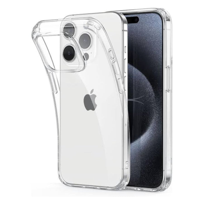 Clear 9eight5 phone case for iPhone 15 Pro (6.1-inch) showcasing transparent design and precise cutouts for buttons and camera.