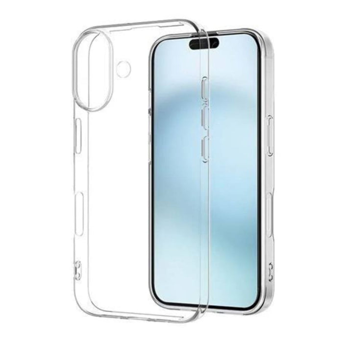 Clear 9eight5 case for iPhone 16 Plus (6.7-inch), showing transparent design and precise cutouts for camera and buttons.