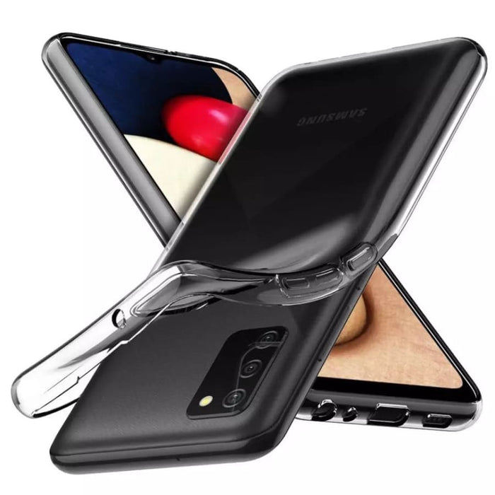 Transparent clear case for Samsung Galaxy A02S phone, designed by 9eight5, showing the slim protective cover on the device.