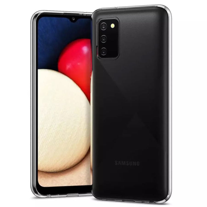 Clear phone case for Samsung Galaxy A02S by 9eight5, showing transparent protective cover with precise cutouts.