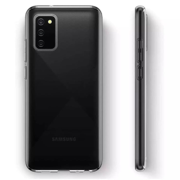 Clear 9eight5 phone case for Samsung Galaxy A02S, transparent protective cover showing the phone's design.