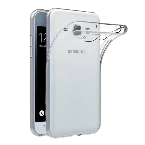 Clear phone case for Samsung Galaxy J1 (2016) by 9eight5, showing a transparent protective cover on the device.