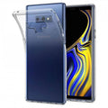 Clear silicone case for Samsung Galaxy Note 9 by 9eight5, showing a transparent protective cover on the phone.