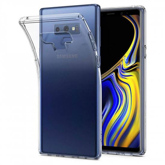 Clear silicone case for Samsung Galaxy Note 9 by 9eight5, showing a transparent protective cover on the phone.
