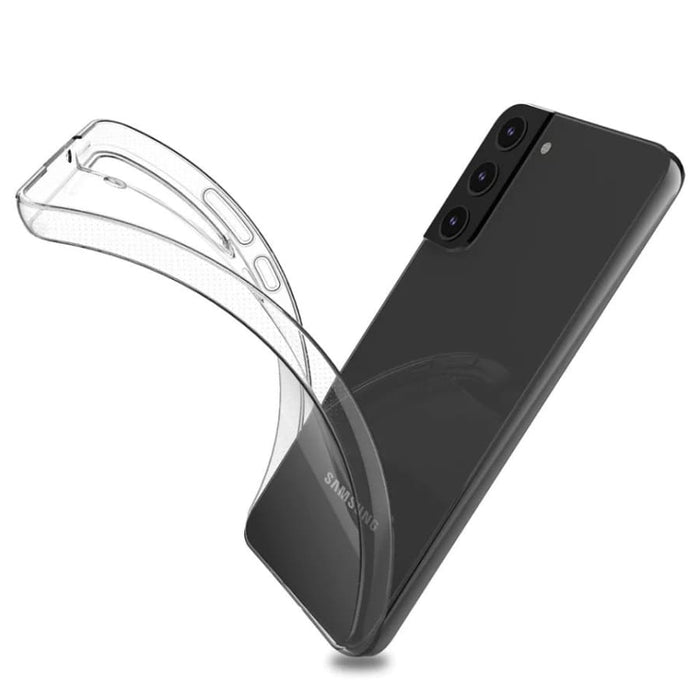 Clear 9eight5 case for Samsung Galaxy S22, slim protective phone case showing transparent design with precise cutouts.