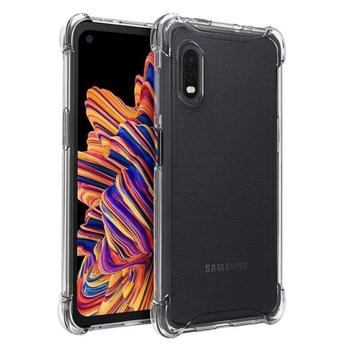 Clear 9eight5 phone case for Samsung Galaxy Xcover Pro showing transparent flexible plastic with precise cutouts and branding details.