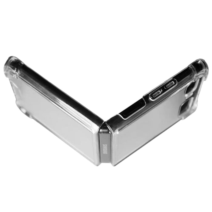 Clear phone case for Samsung Galaxy Z Flip 2 and Z Flip 1 by 9eight5, showcasing transparent protective design.