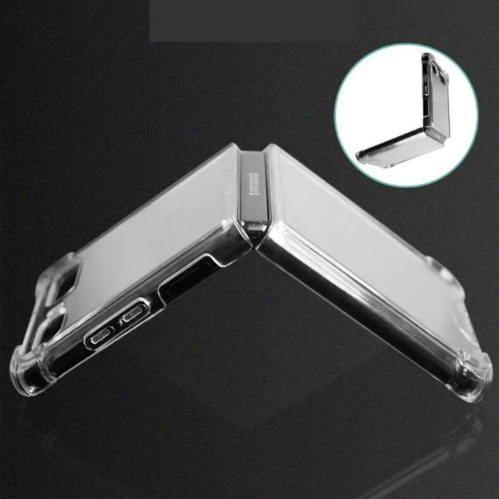 Clear 9eight5 phone case for Samsung Galaxy Z Flip 3, showing transparent protective cover with precise cutouts.
