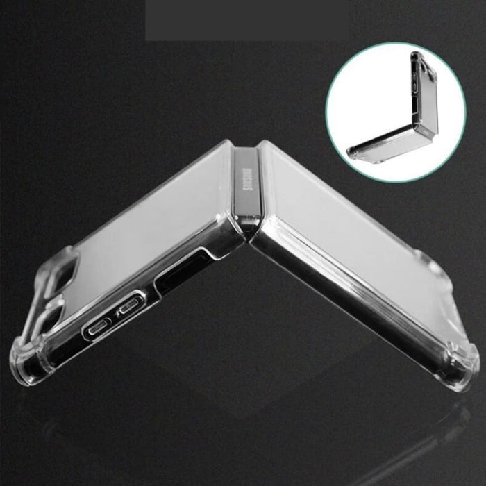 Clear 9eight5 phone case for Samsung Galaxy Z Flip 4, showcasing slim, transparent protective cover with precise cutouts.
